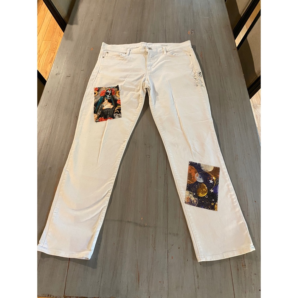 Gap 1969 White Patchwork Jeans Sugar Skull Celestial Safety Pin Size 14 Regular